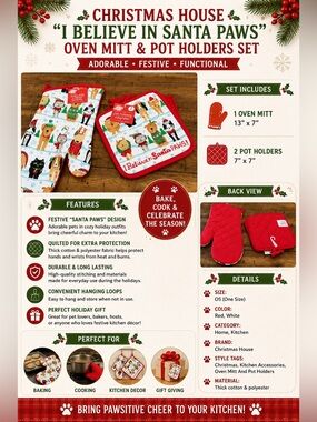 Christmas House, “I Believe In Santa Paws” Oven Mitt and Pot Holders Set